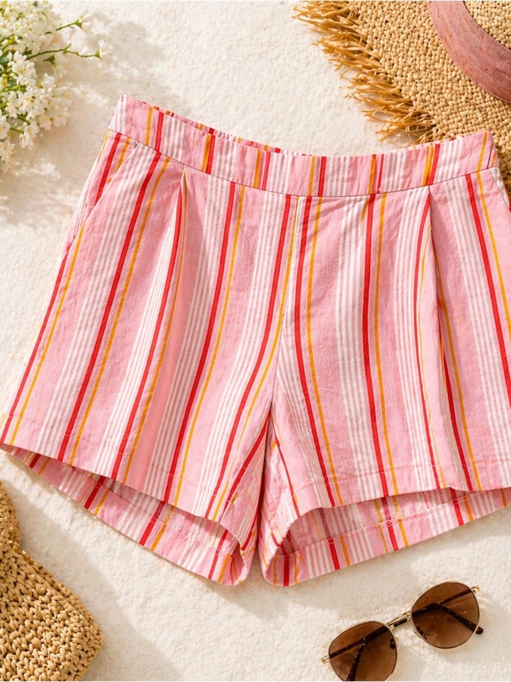 Lush Pink Striped Linen Shorts High Waist Pleated Size Small (fits XS)